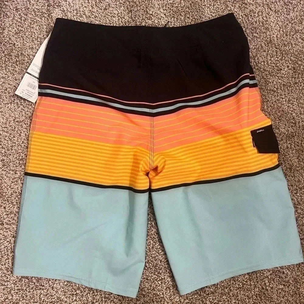 NWT Oneill Hyperdry below knee‎ surf shorts orange/blue stripe Size 30